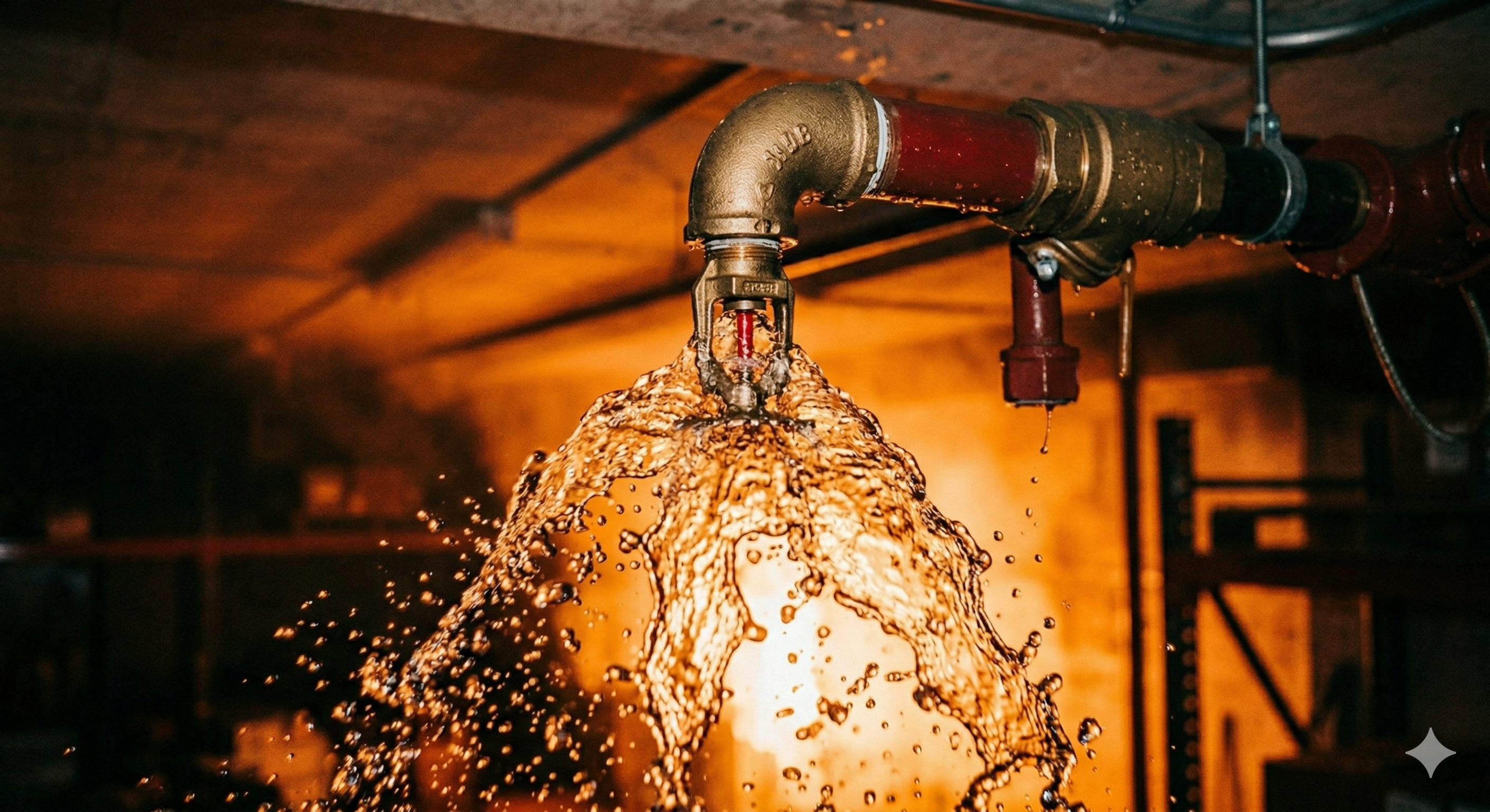 Fire sprinkler discharging water, illustrating the moisture CLOAK protects against